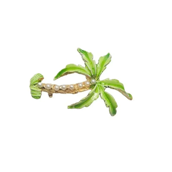 Faux Pearl Beaded Green Enamel Tropical Palm Tree Brooch Pin Gold Tone Vintage - Picture 2 of 4